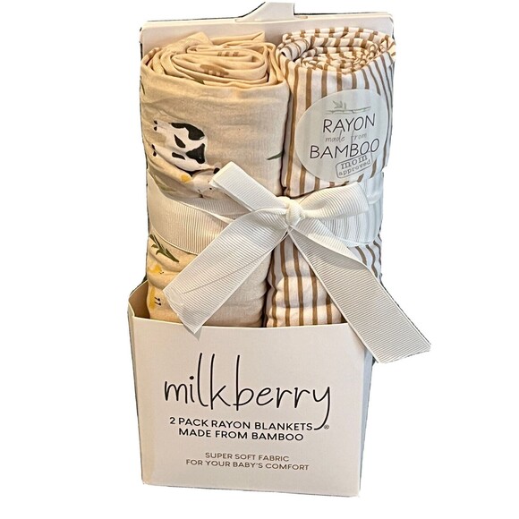 Milkberry Other - Milkberry Swaddling Blankets Newborn Rayon Bamboo Beige Stripes Farm Animals Cow